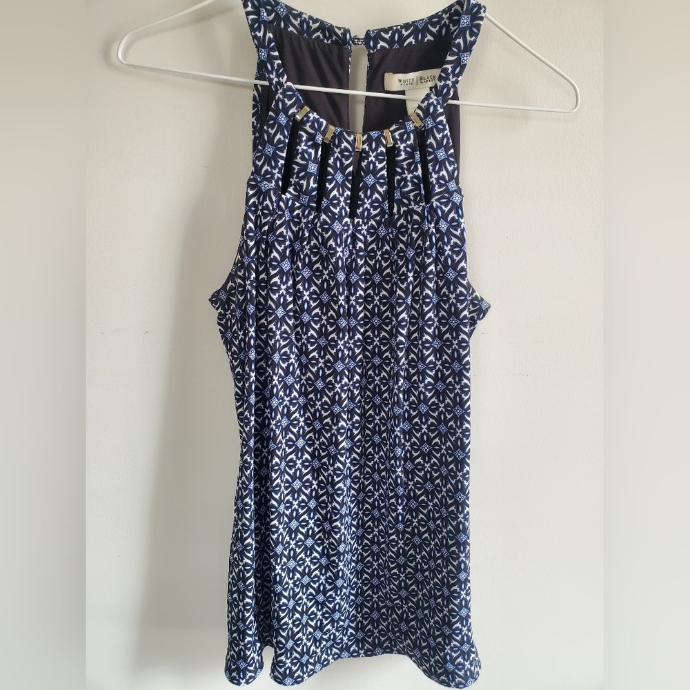 White House Black Market Blue and White Patterned Tank Top